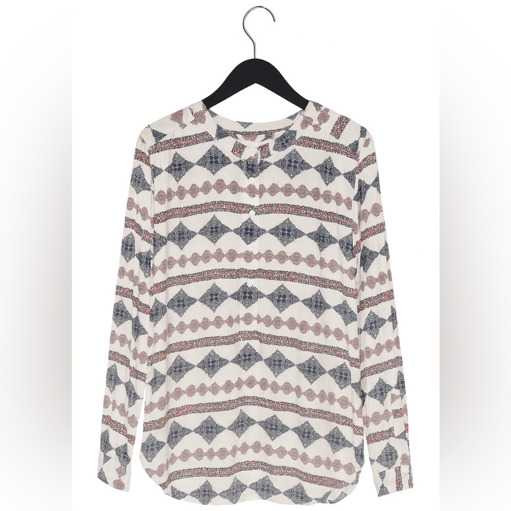 LOFT White Blouse with Blue and Brown Geo Print